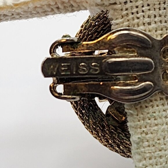 Vintage Weiss Mesh Rhinestone Earrings Aurora Borealis Gold Tone - Picture 5 of 7